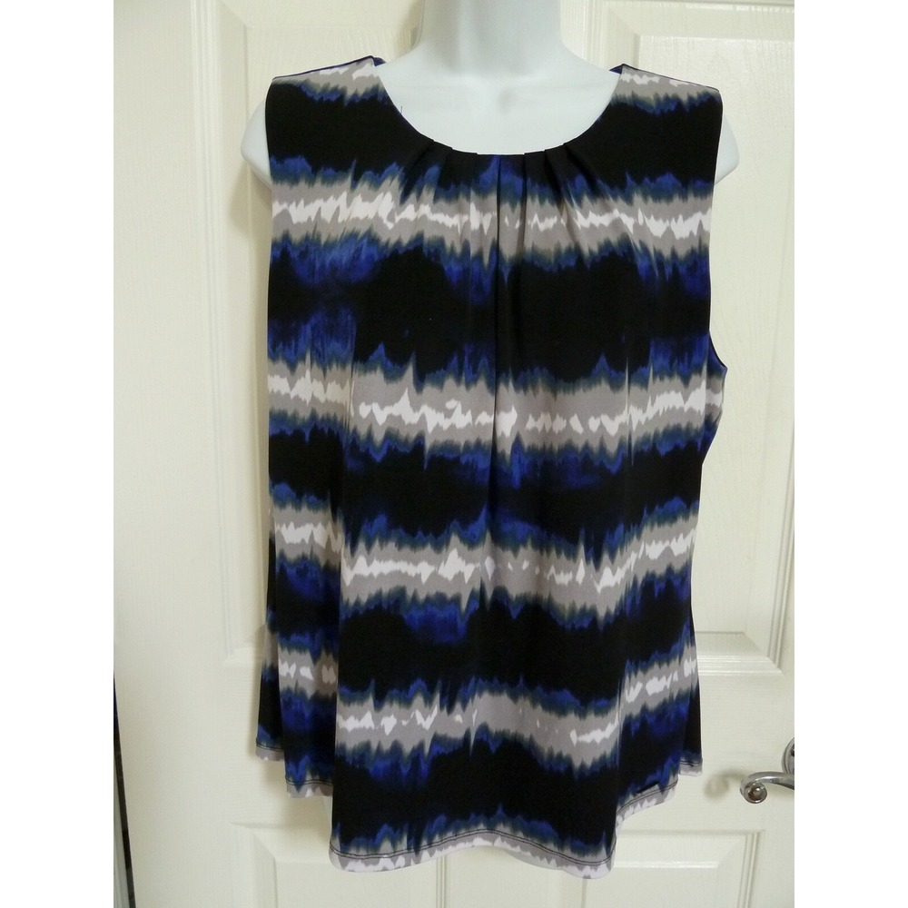 Calvin Klein XL Blue Black Abstract Sleeveless Career Blouse Round Neck Pleated